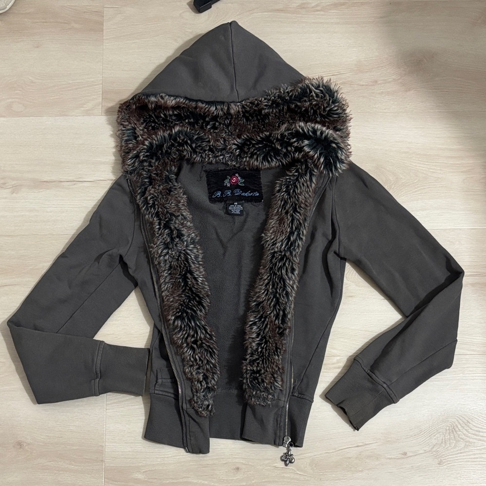 Y2K BB Dakota Dark Gray Brown Teddy Jacket with Faux Fur Trim vintage XS